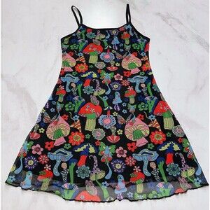 Wowo Psychedelic Mushroom 90’s  Festival Skater Grunge Mesh Mini Slip Dress L